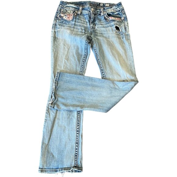 Miss Me Signature Bootcut Jeans Distressed Patchwork-Plaid Pocket Sz 32 #178H - Picture 2 of 14